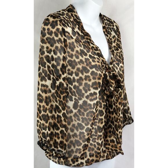 Spoiled chiffon Top M Brown Leopard plunge V-Neck Bow Accent Retro Glam Y2K punk - Picture 2 of 6